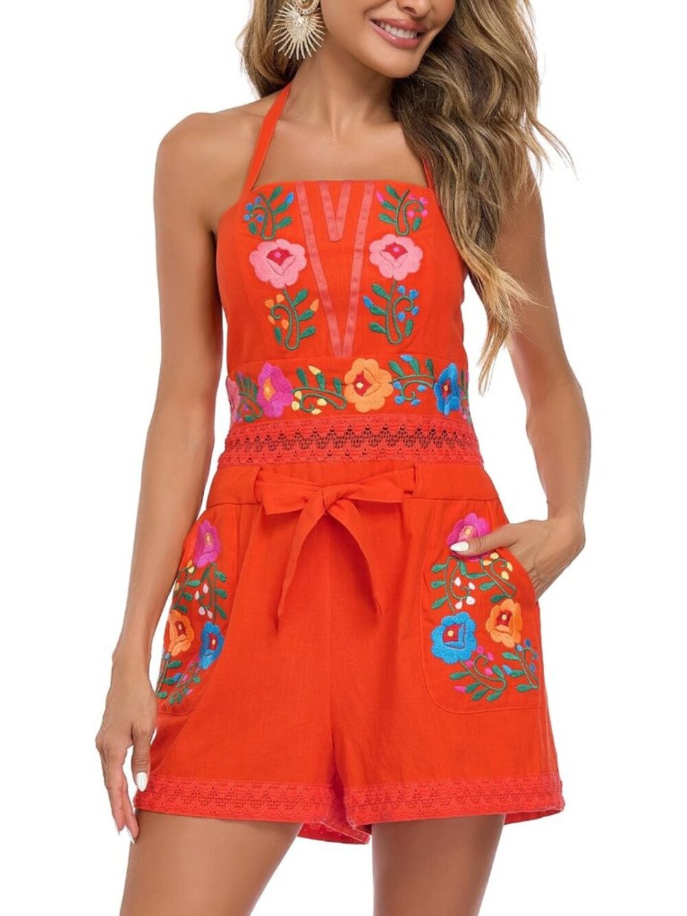 Summer Boho Floral Embroidered Sleeveless Halter Romper - Casual Flowy Jumpsuit